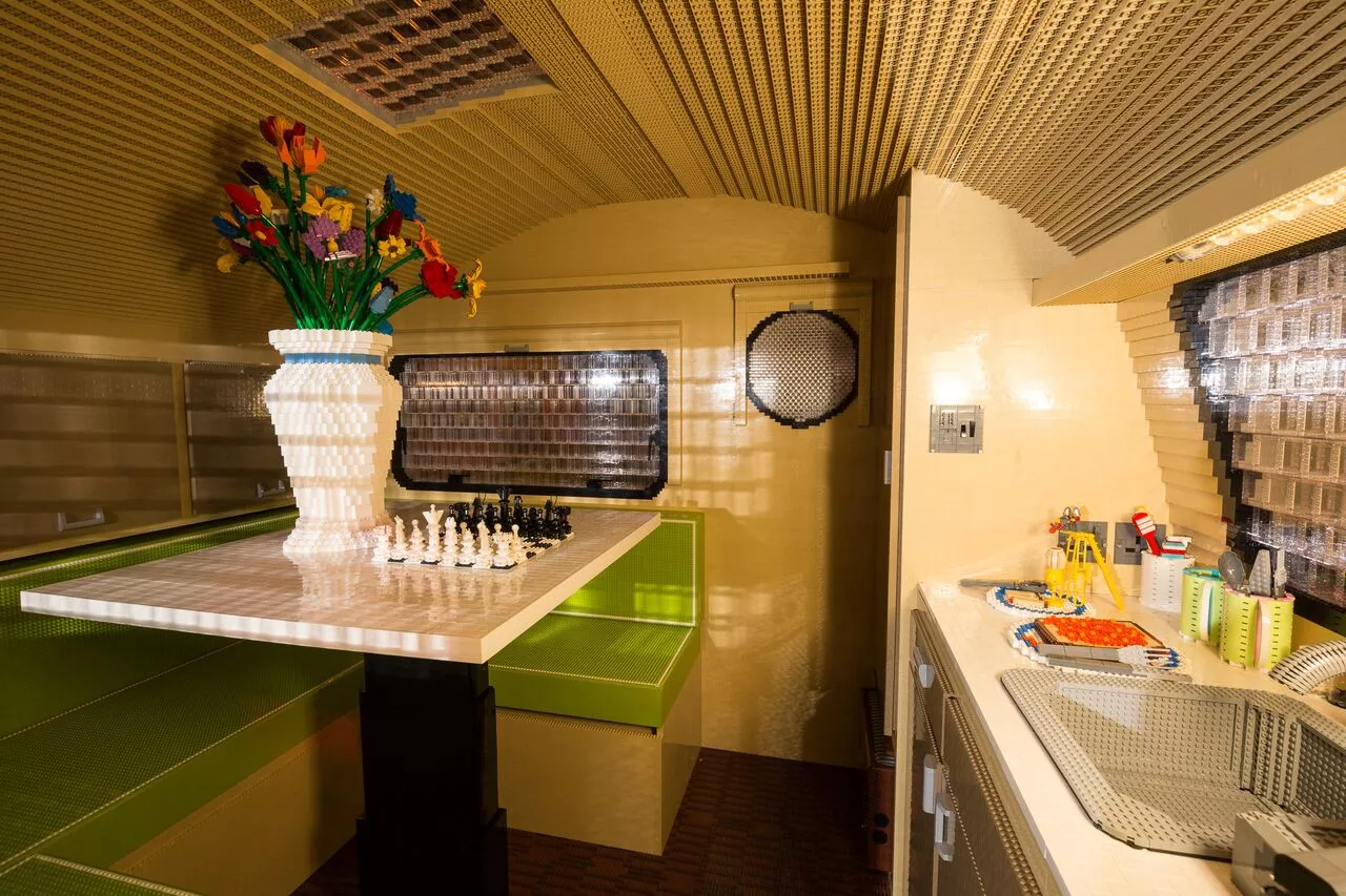 Inside the life-size Lego teardrop trailer