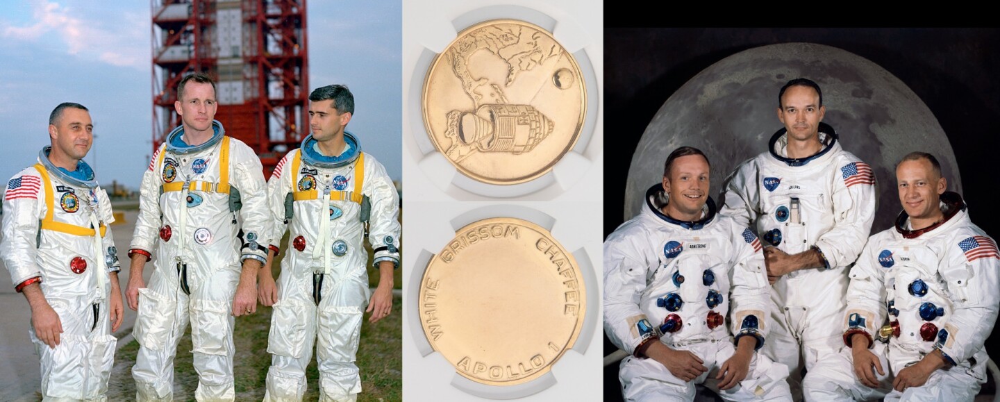$275,000 | Apollo 11 Lunar Module Flown MS64 NGC Gilt Fliteline Medallion | Auction House: Heritage Auctions | Sale price: US$275,000 | Official Estimate: US$24,000 to $36,000 | Date of sale: November 3, 2018