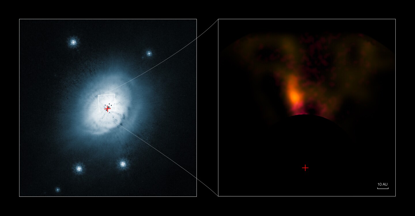 Images of the gas and dust surrounding HD 100546, taken by the NASA/ESA Hubble Space Telescope (left) and the NACO system on the ESO's VLT (right) (Image:ESO)