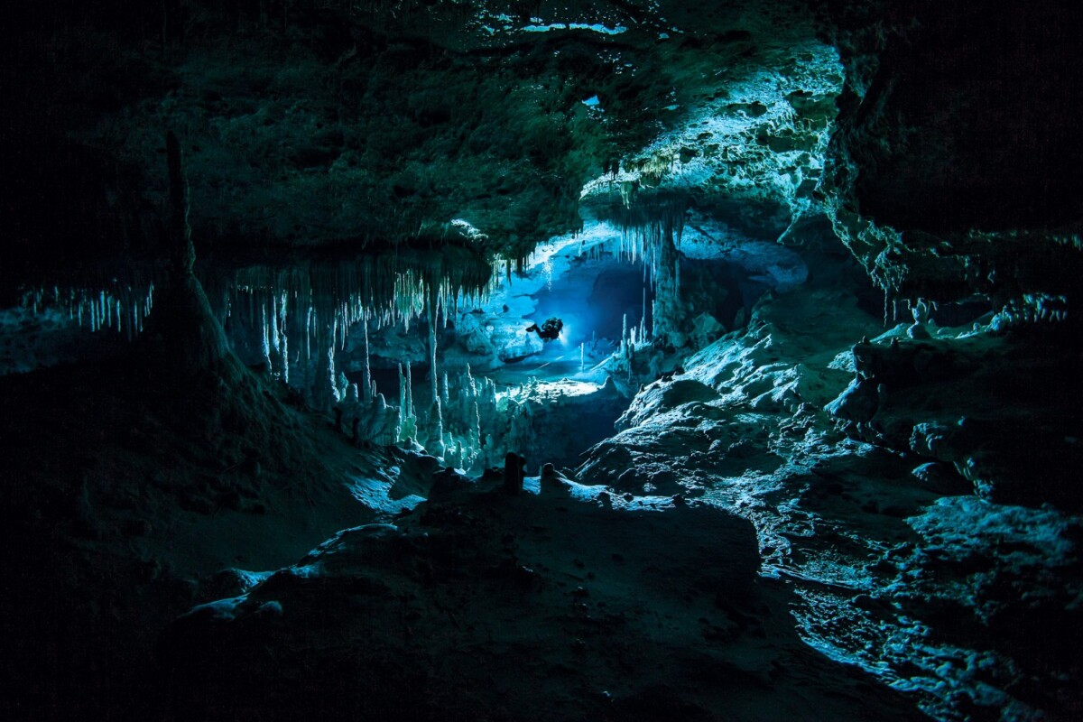 Live the Adventure – Joint Runner-up, Alison Perkins (Australia). Sistema Sac Actun, Quintana Roo, Mexico. This image shows cave diver Cameron Russo travelling through the Sistema Sac Actun cave system on the Yucatán Peninsula