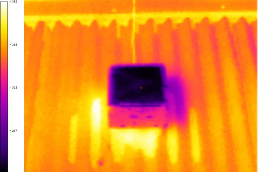 An infrared image showing the temperature difference between the new surface (center) and an existing cool roof used in testing