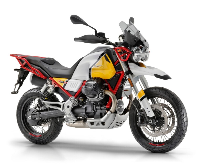 The multi-colored paint scheme of the 2019 V85 TT is a tribute to Moto Guzzi's 1985 Dakar racing bike