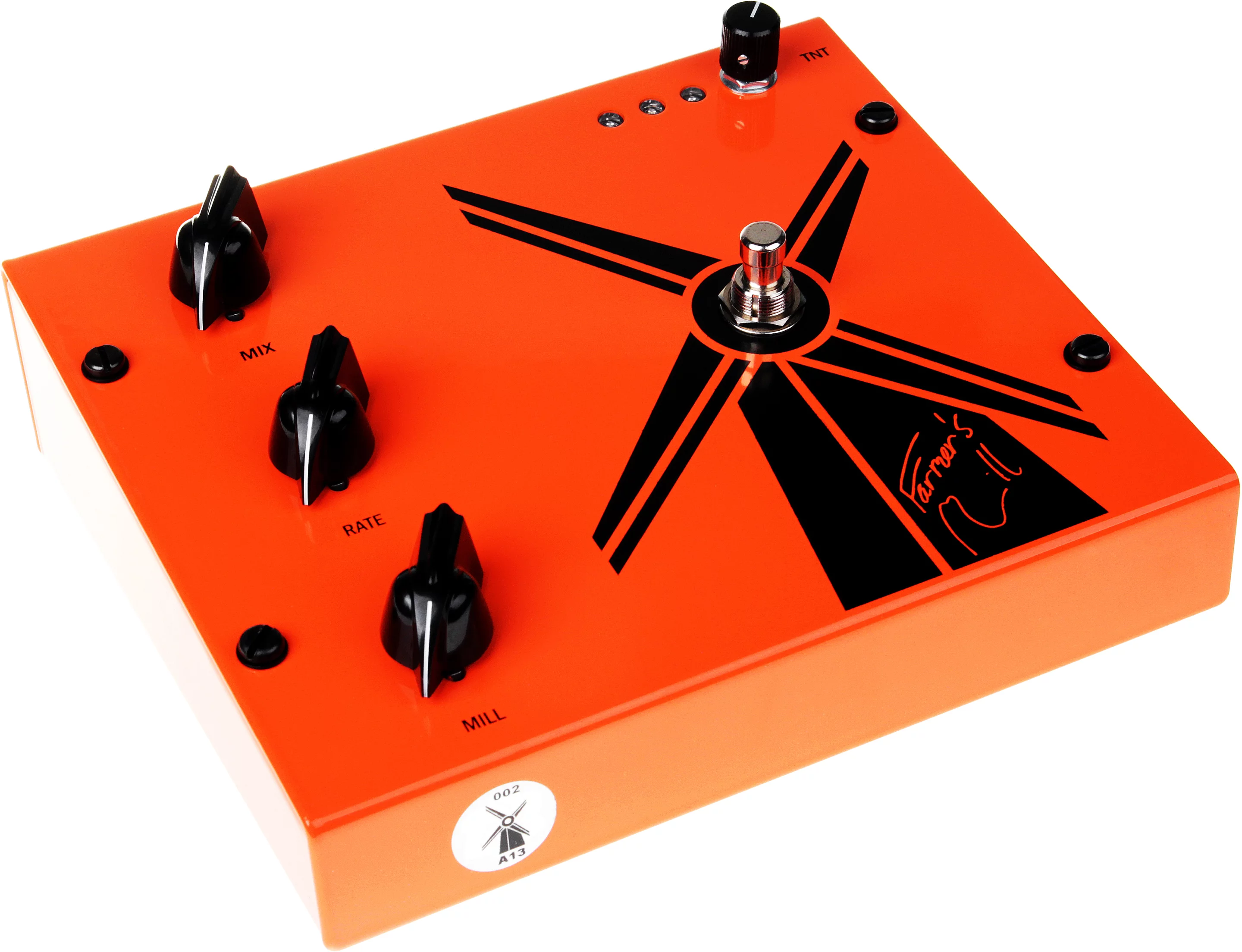 Three chicken-head knobs are lined up vertically to the left – one for Mix, another for Rate, and the last for Mill