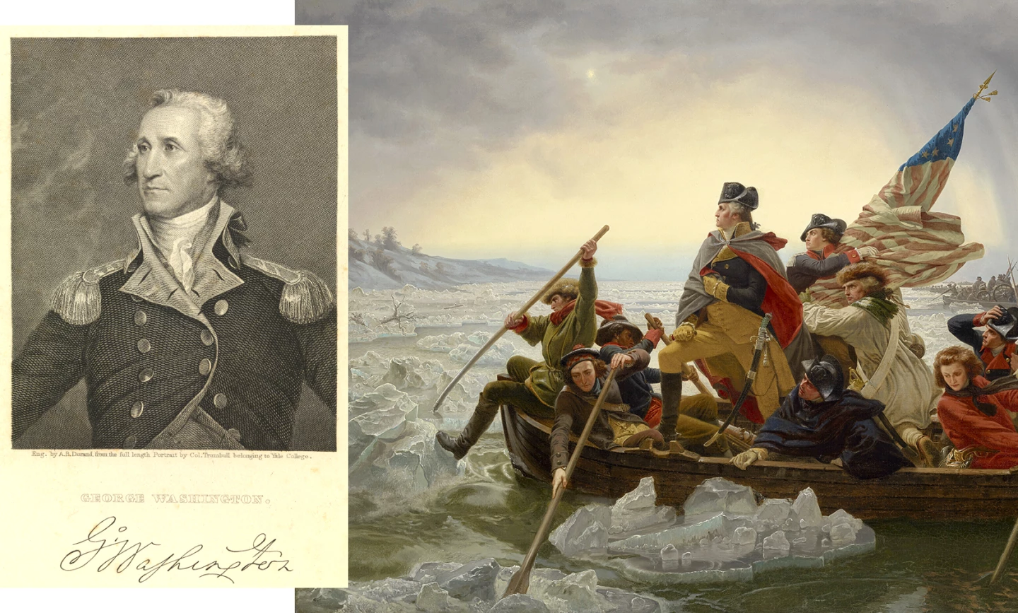 The background image is Washington Crossing the Delaware, an 1851 portrait by Emanuel Leutze depicting George Washington and Continental Army troops crossing the river prior to the Battle of Trenton on the morning of December 26, 1776.