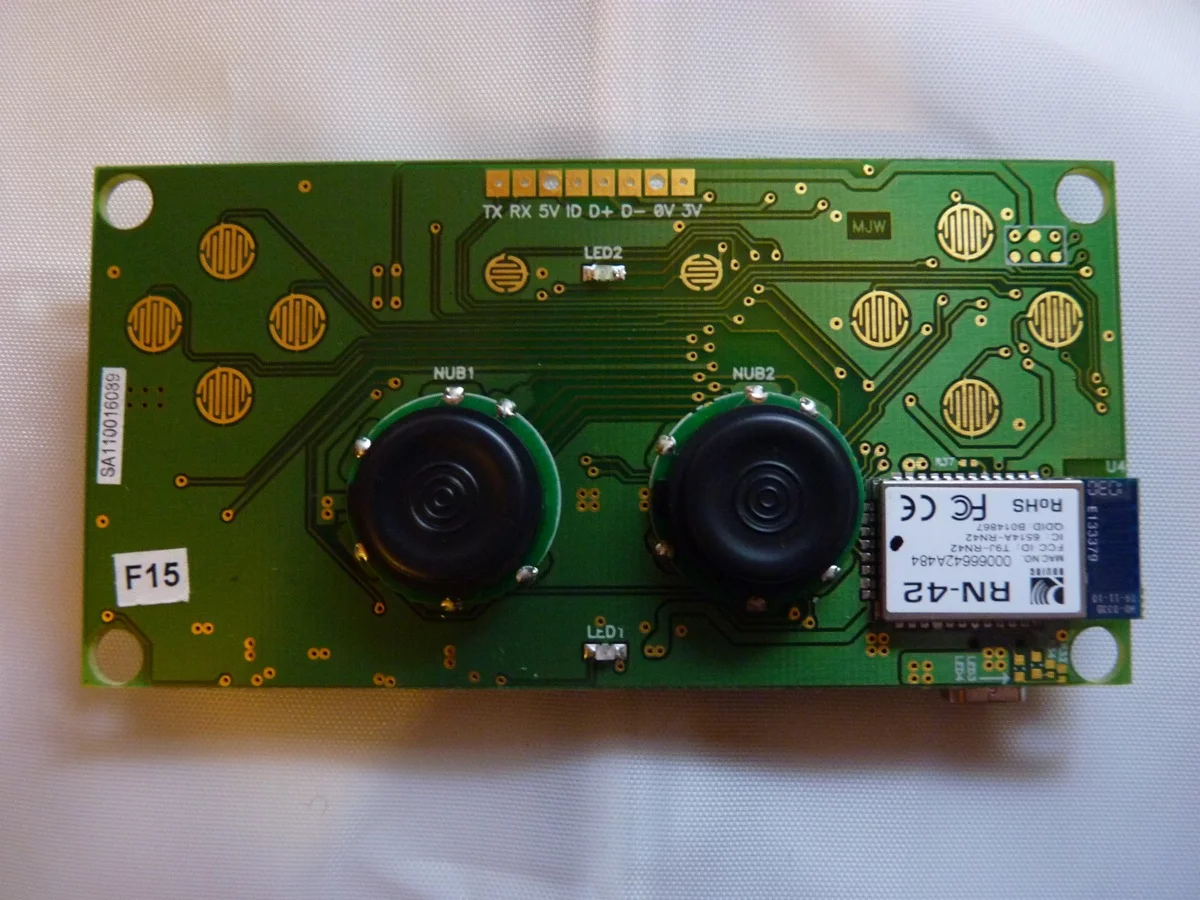 The main board of the iControlPad - with the two analog buttons in place and showing the Bluetooth unit