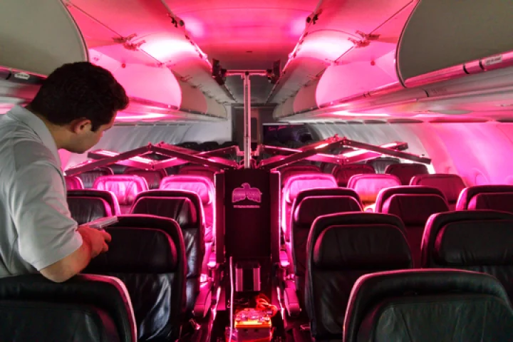 A GermFalcon prototype makes its way down an airliner's aisle (Photo: GermFalcon)