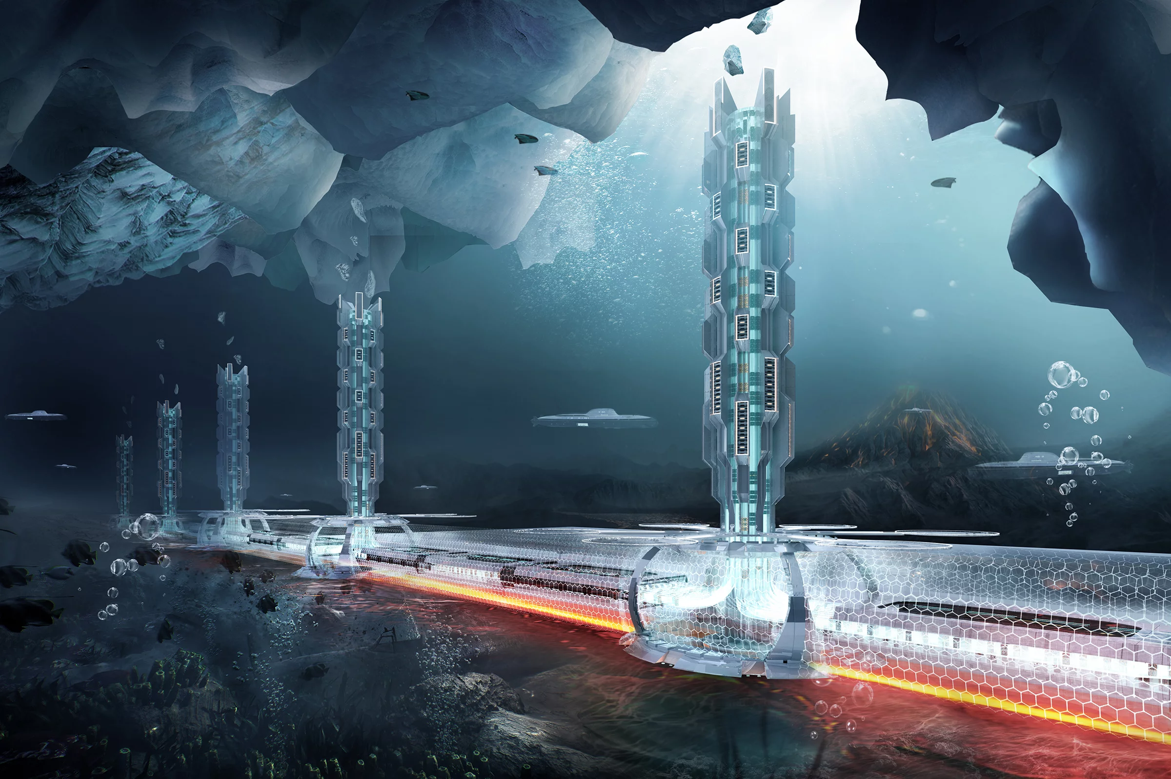 The Antarctic Rescue Line was designed by China's Yufeng Lu, Junhao Chen, Jinming Gu, Hanye Lin, Xiaoting Zhao, Yue Wang, Sirun Li, Ruiqi Li, Yutong Jiang and Yuyuan Tao. The idea behind the design is to help slow down or prevent the loss of ice in Antarctica by using underwater skyscrapers that block geothermal radiation from the Earth's crust