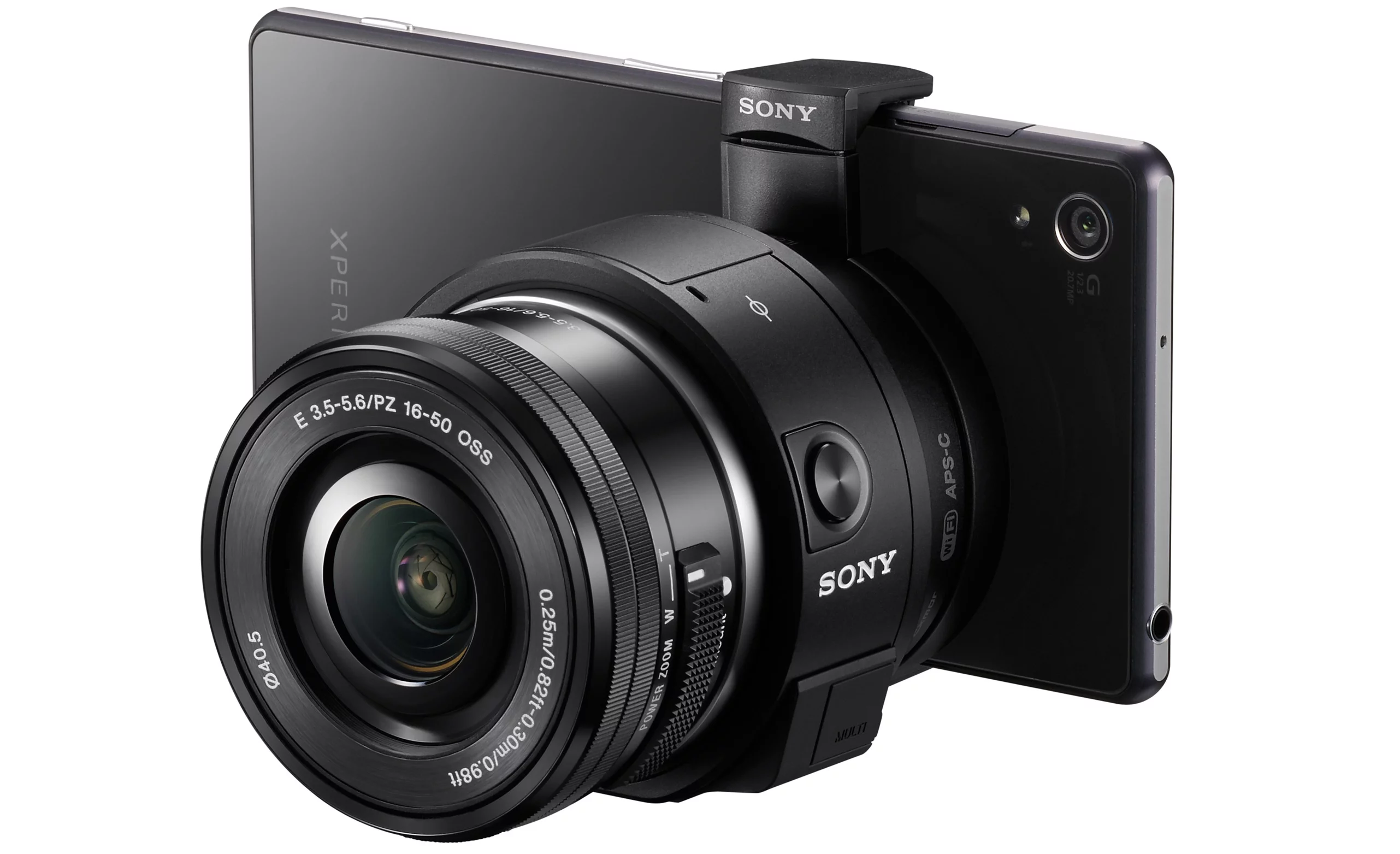 The Sony ILCE-QX1 can be used remotely, or physically connected to a phone with an attachment plate