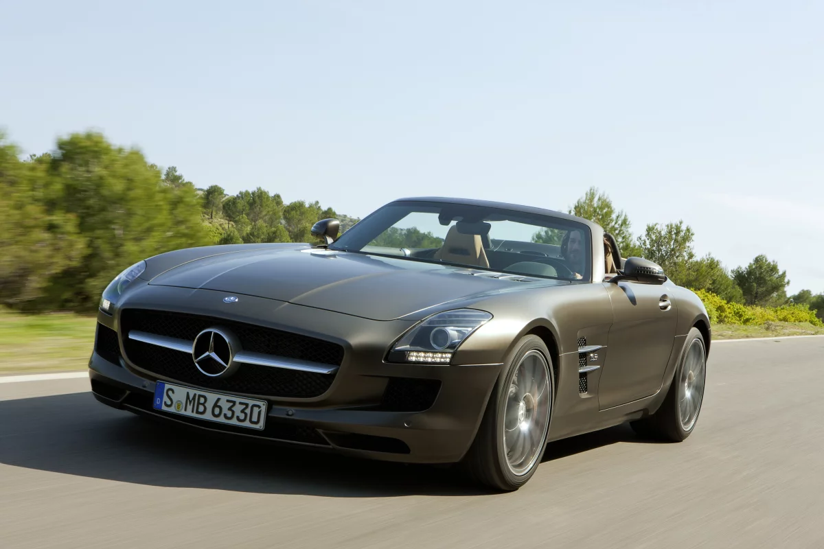 The Mercedes-Benz SLS AMG Roadster ditches the gull-wings of the Coupe for a soft top