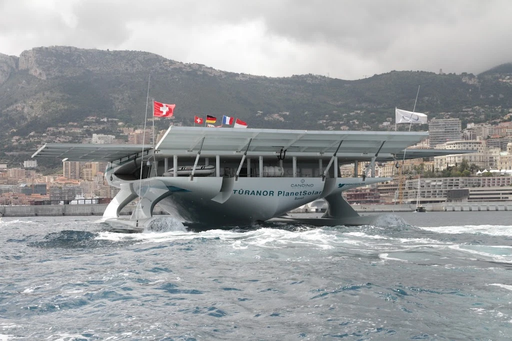 The TURANOR PlanetSolar, as it enters Monaco's Hercule Harbor