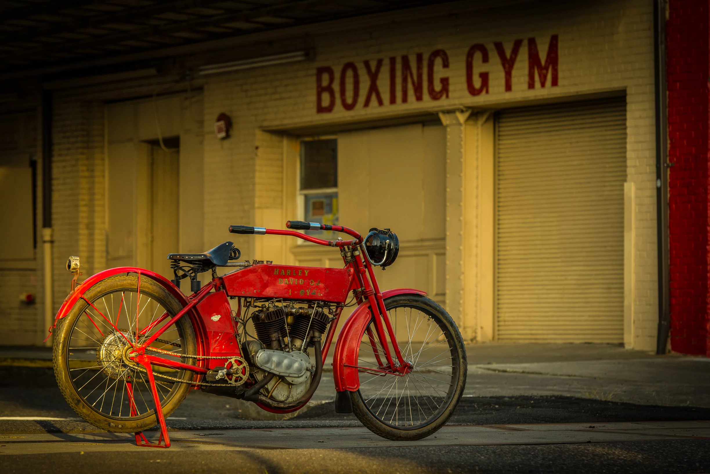 This 1912 Harley-Davidson X8E Big Twin comes with a rather distinctive paint scheme. Legend has it that McQueen and his buddy Von Dutch rattle-can painted the bike red during a late-night drinking session