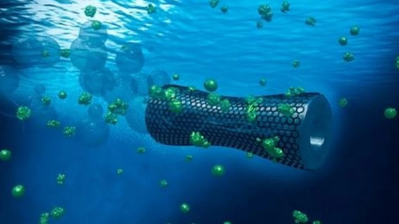 Artist depiction of graphene-coated microbot cleaning lead from wastewater.