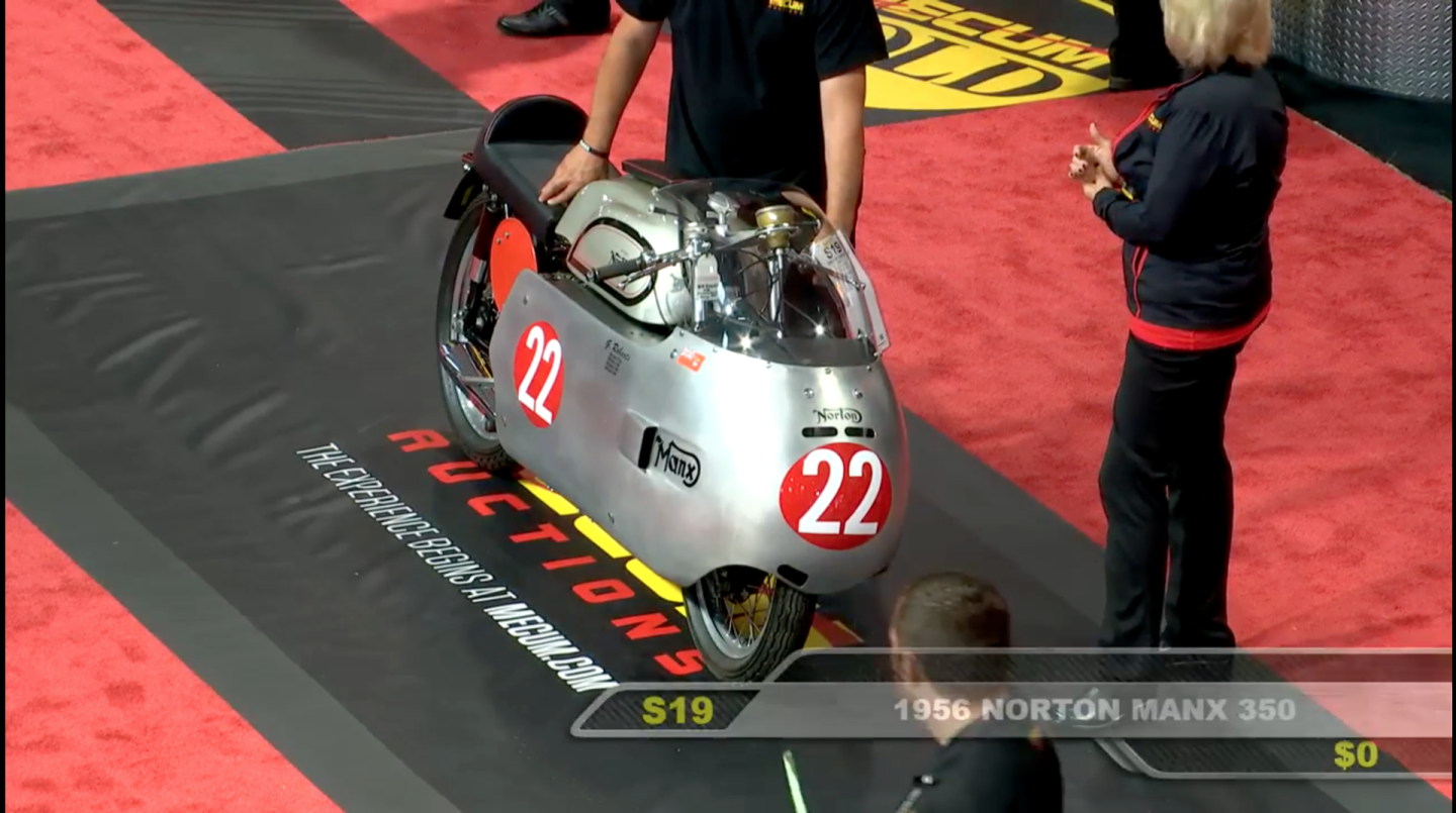 A fully-restored 1956 Norton 350cc Manx with a long in-period racing history at the Isle of Man TT. The Manx's engine has been tuned and rebuilt by noted tuner Ray Petty, and the bike has an aluminum dustbin fairing. Fetched $46,200 against an estimate of $40,000 to $45,000. Official Auction Description