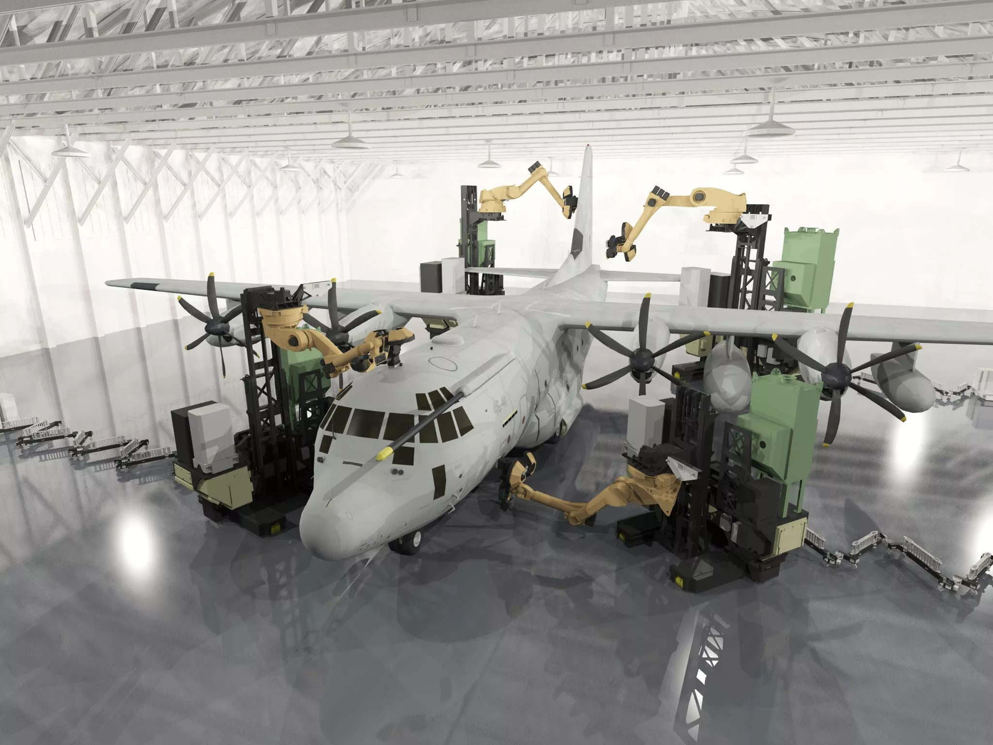 Team of robots decoating a cargo plane