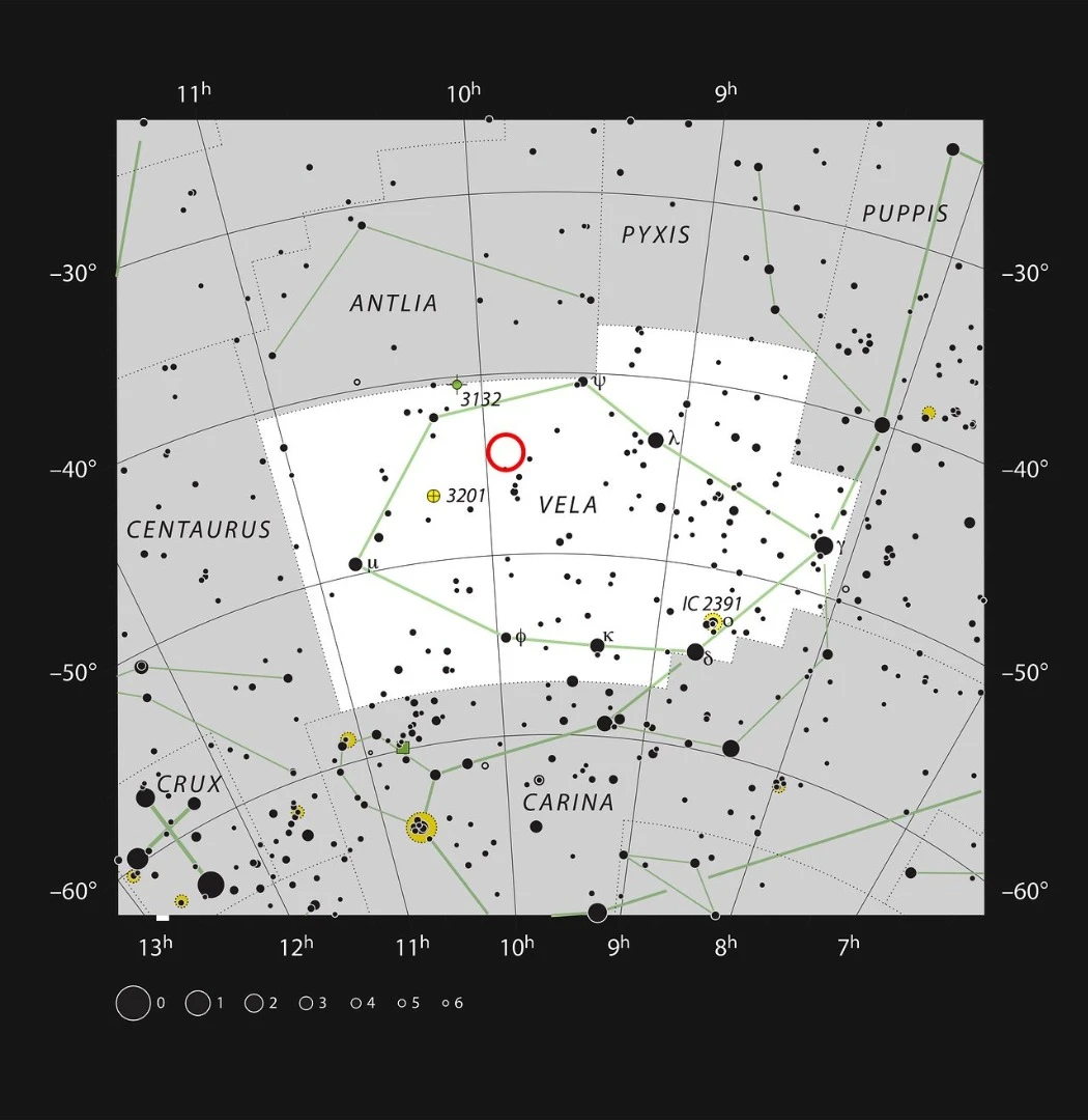 The location of WASP-19b, in the constellation of Vela