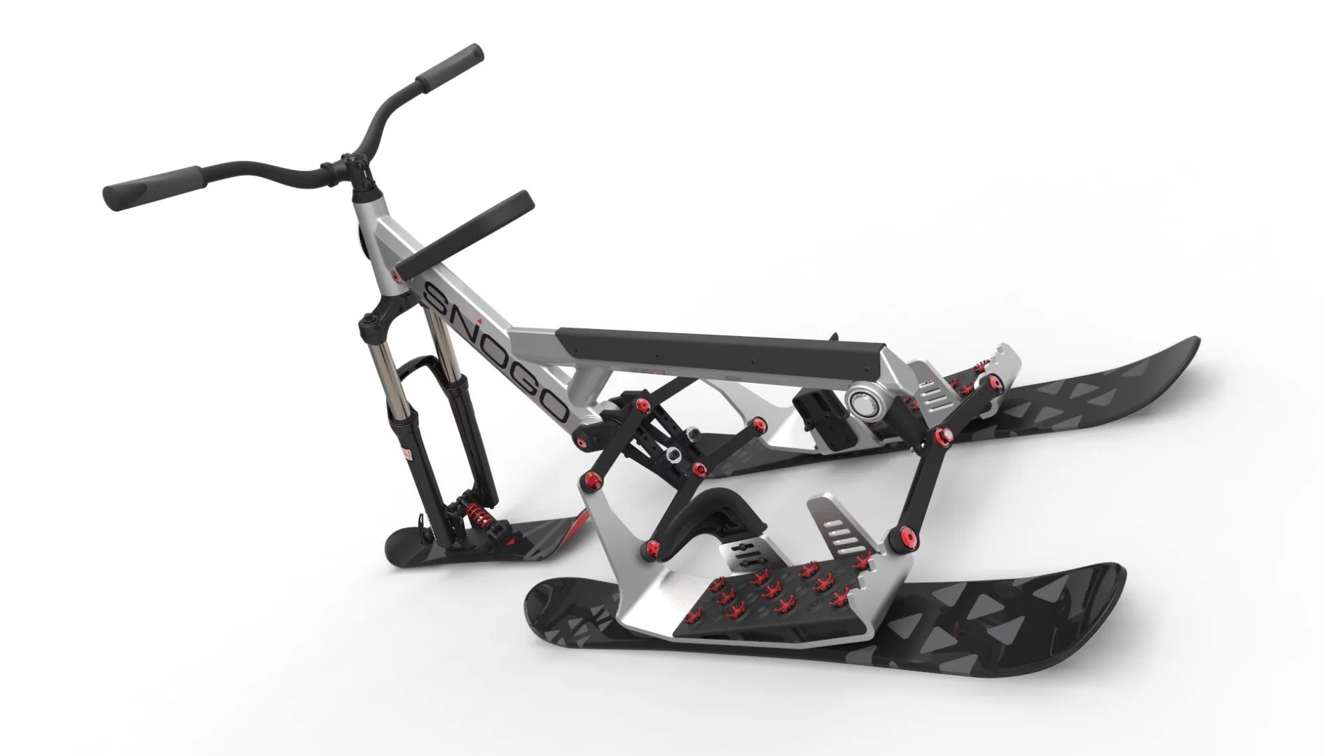 The rear skis include open bindings and grip pads