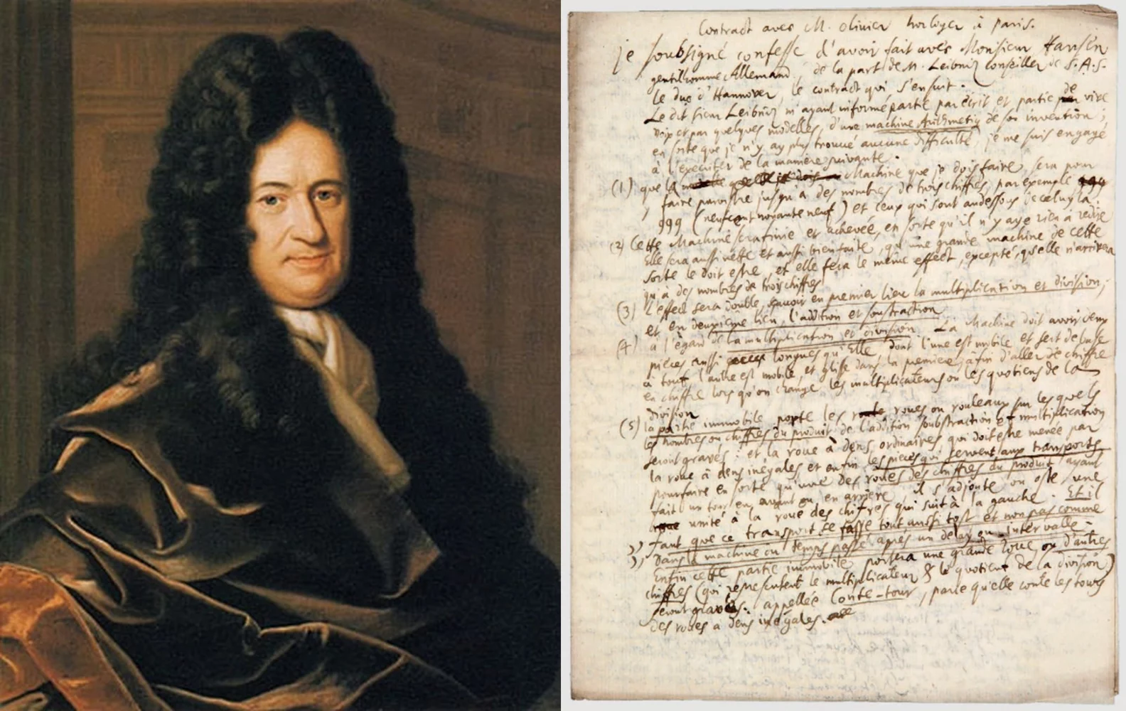Autograph manuscripts by German Polymath Gottfried Wilhelm Leibniz (1646-1716) are very rare, and the significance of this draft contract for the manufacture of a calculating machine makes it even more significant in that it includes 20 paragraphs describing the parts of the machine. During a trip to Paris in 1672, Leibniz discovered the Pascaline, a calculating machine produced by French Polymath Blaise Pascal. Leibniz, who seemed up to almost any intellectual challenge, then designed the machine referred to in this contract, going one better than Pascal in that it could performing 3-digit operations, one better than the Pascaline's 2-digit machine. Only two of these machines were built at the time of Leibniz, one between 1686 and 1694, the other between 1690 and 1720. The latter machine survived and is located at the Niedersächsische Landesbibliothek in Hanover. The Leibniz machine, and in particular the mechanism of the cylinder (the Leibniz wheel), was the main source of inspiration for subsequent numerical calculators, including the arithmometer, the first commercially viable mechanical calculator that was first manufactured in 1851. The contract sold for $141,798 (€ 127,000) by Binoche at Giquello on June 1, 2016