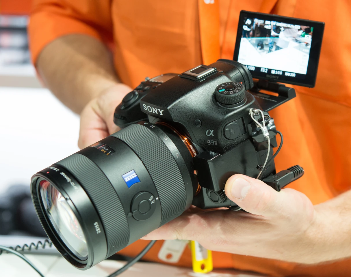 The rear monitor on the Sony A99 II can tilt and rotate, but still isn't a touch screen