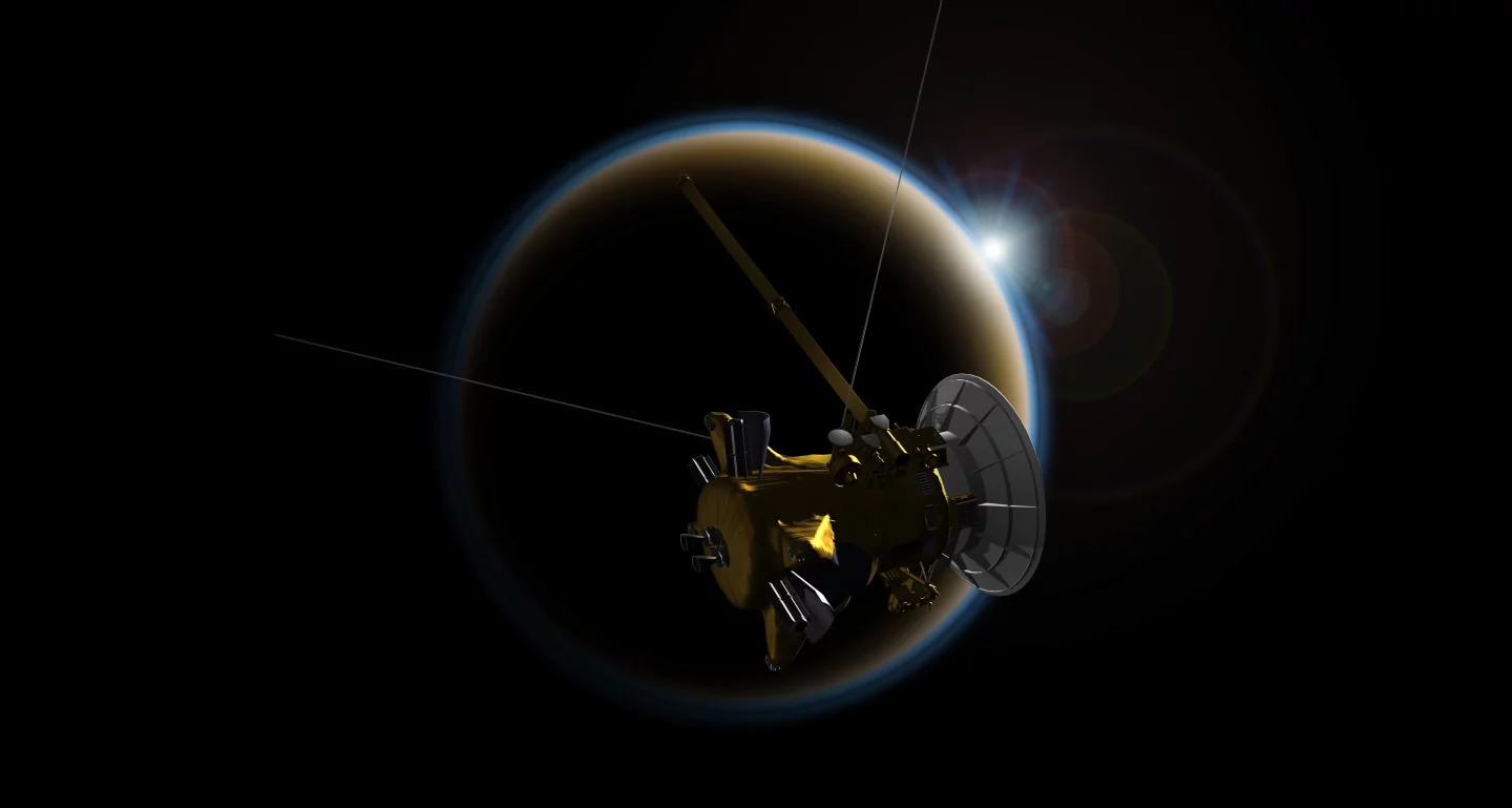 Artist's impression of Cassini passing near Titan