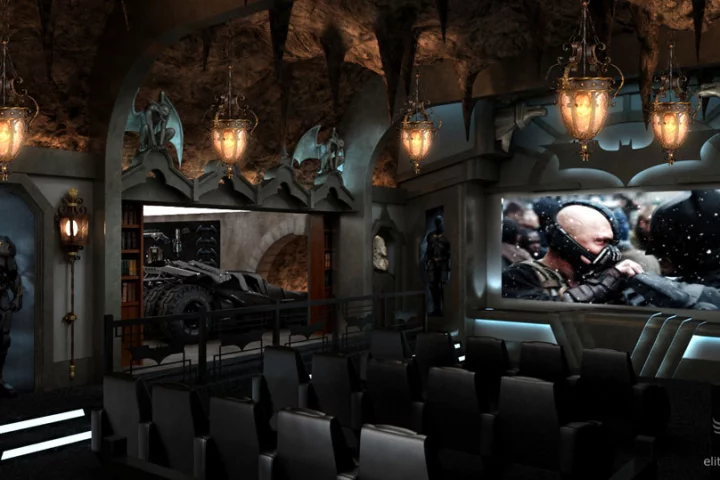 The impressive subterranean Dark Knight home cinema incorporates a dramatic interpretation of the film’s Batcave