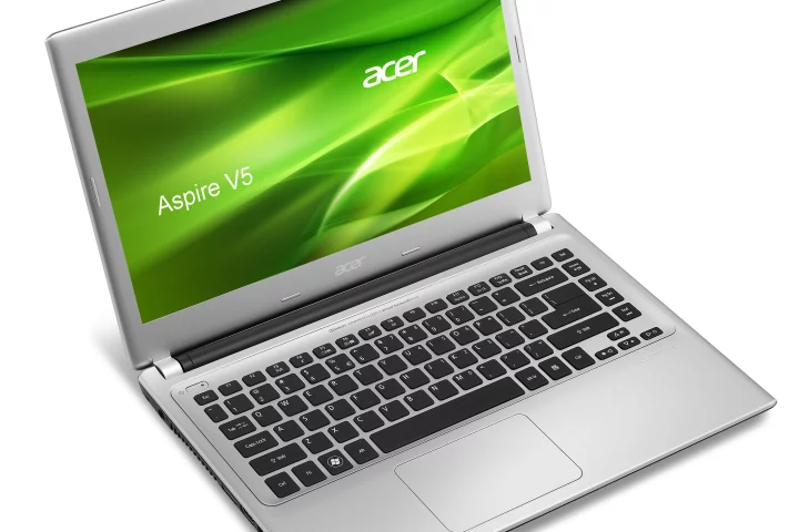 A diagonal view of the Acer Aspire V5 in silver