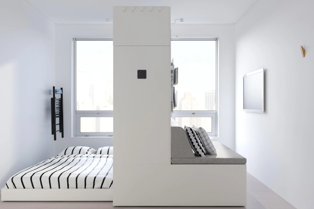 Rognan robotic furniture is a multi-purpose unit featuring a smart robotic platform that optimizes the use of small spaces or single-room living