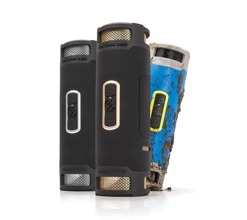 The Scosche BoomBottle+ comes in choice of Sport Blue, Black/Gold, and Black/Space Gray