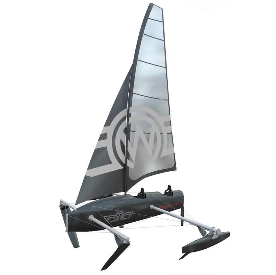 The prototype wFoil 18 Albatross with motor removed and sail fitted