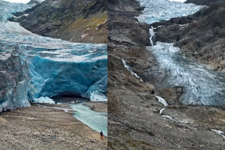 Trift Glacier, Switzerland, has retreated by 1.17 km (0.7 miles) between 2006 (left) and 2015 (right)