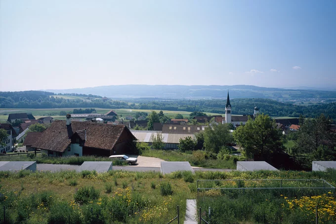 The grass rooftop helps to camouflage the garage into its surrounding environment
