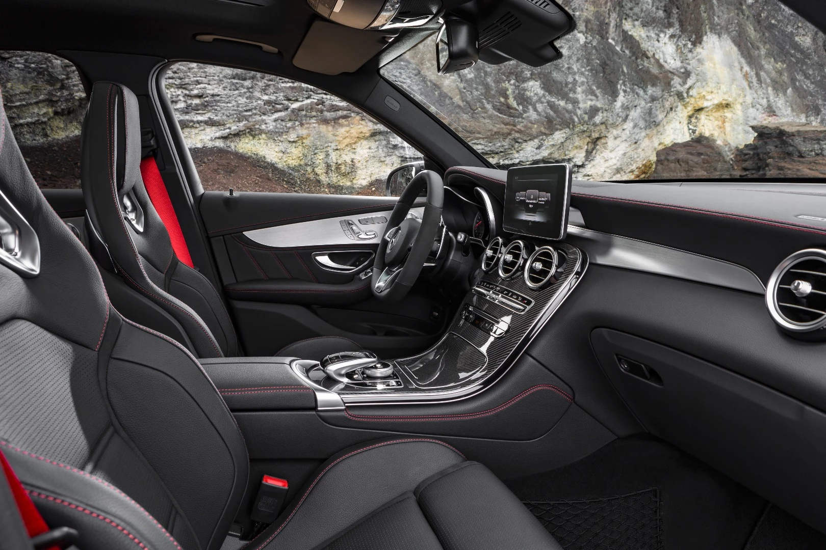 Red stitching is another attempt to set the cabin apart from regular versions of the GLC, as are the red seatbelts