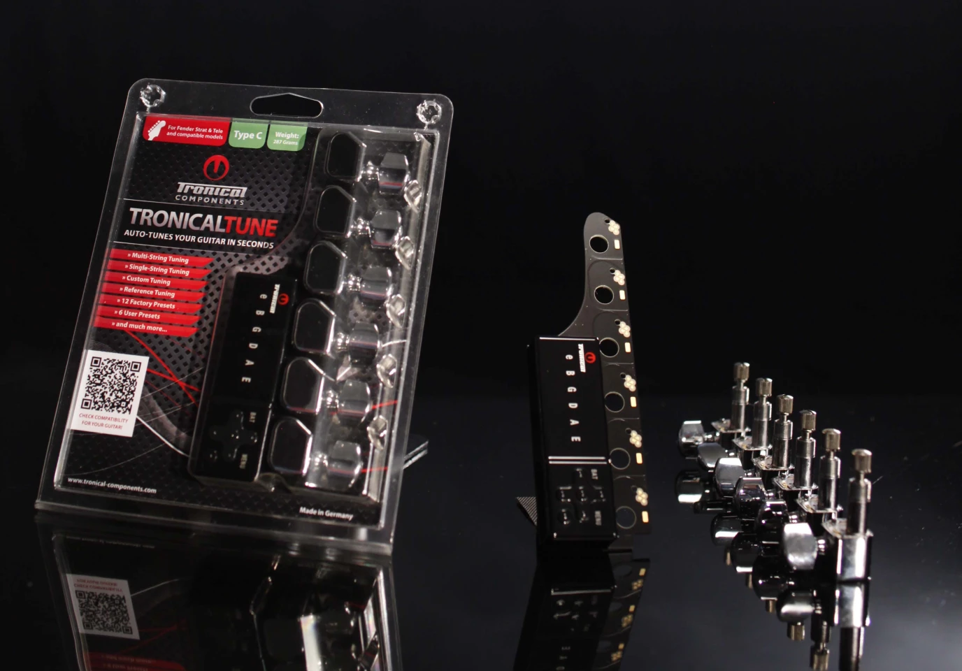 Each TronicalTune kit comes with everything needed to install the robot tuner on your guitar, including six robo-heads, a contacting PCB and control interface, battery and charger
