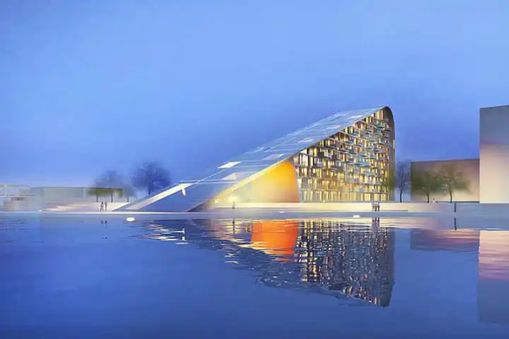 Proposed for the Aalborg Waterfront in Denmark, a new housing development would feature 60 apartments, from 4 to 12 stories high, all supplied with a 100 percent renewable energy source (Image by C. F. Moller Architects)