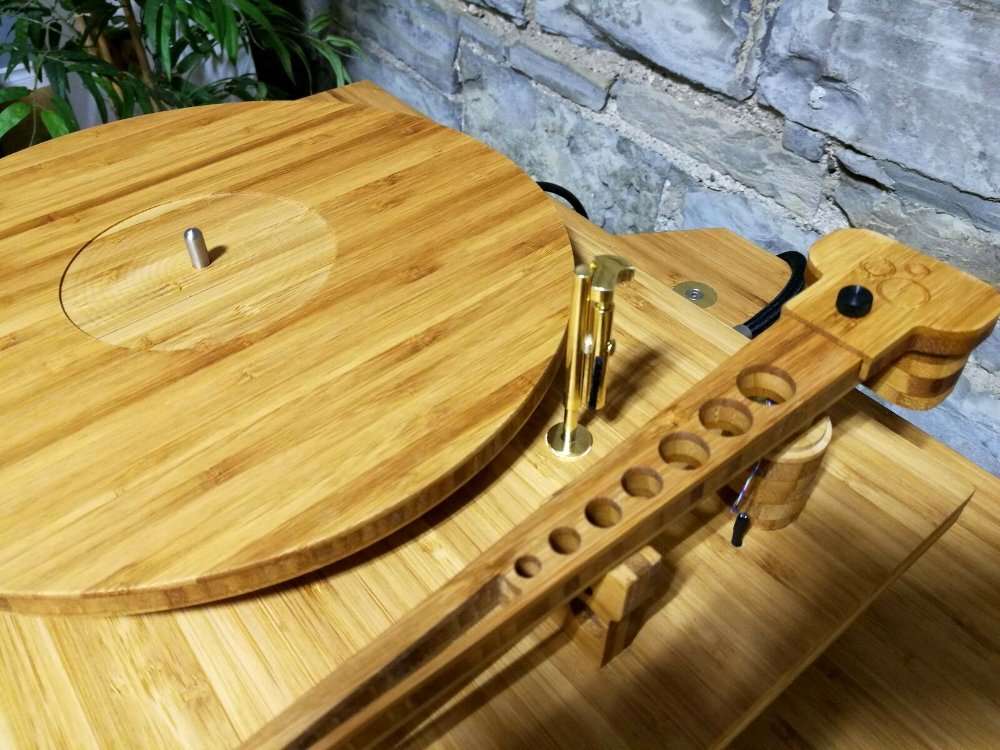 The Sprout TA-0.5 turntable has a bamboo platter, bamboo plinth and adjustable bamboo legs. Even the 9-inch tonearm is made from the panda's favorite snack