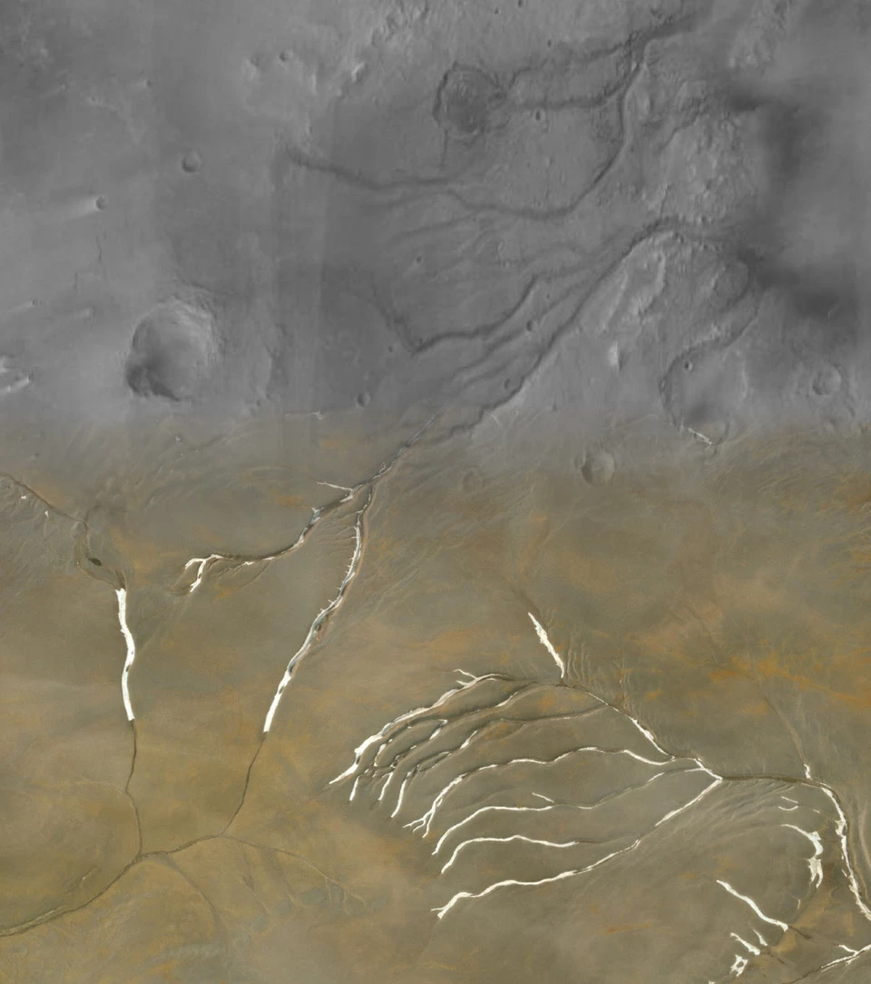 The top half of this image shows the Maumee valleys on Mars, while the bottom half shows glacial channels on Devon Island, Canada – similarities between the two led researchers to the conclusion that much of ancient Mars' water was glacial run-off