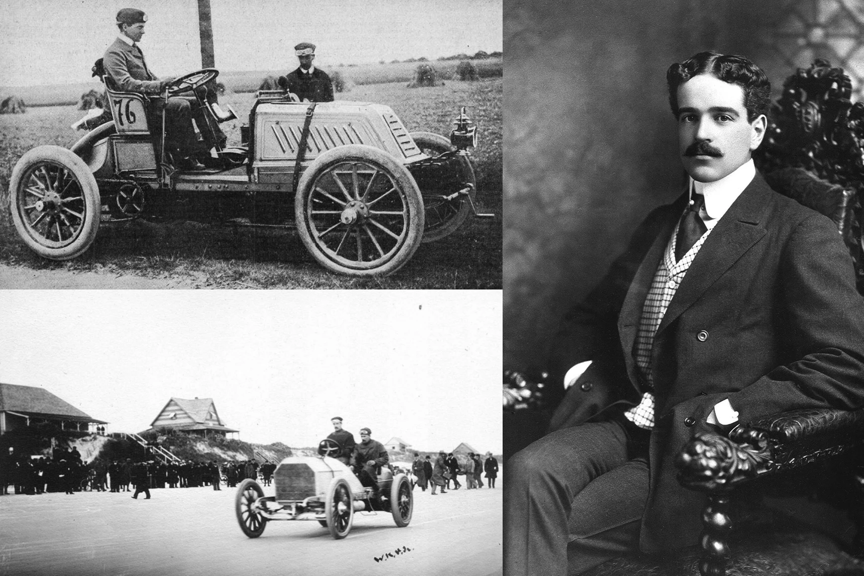 William K Vanderbilt twice set the world land speed record. The first time Vanderbilt claimed the record (top left), driving a Mors Model Z, he was clocked at 76.08 mph (122.4 km/h) on August 5, 1902. The second time Vanderbilt took the record, he used a Mercedes Simplex 90 PS (bottom left) to run 92.3 mph (148.5 km/h) on January 27, 1904 at Daytona Beach, Florida.