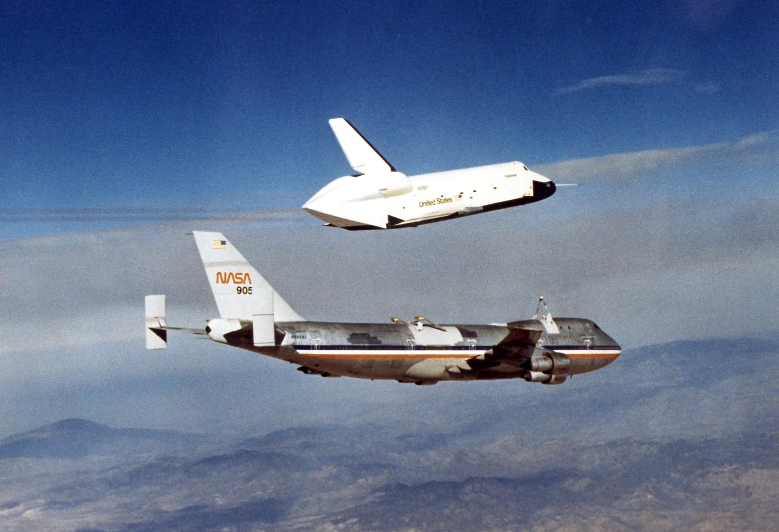 The Space Shuttle prototype Enterprise flies free of NASA's 747 Shuttle Carrier Aircraft (SCA) during one of five free flights carried out at the Dryden Flight Research Facility, Edwards, California in 1977 (Image: NASA)