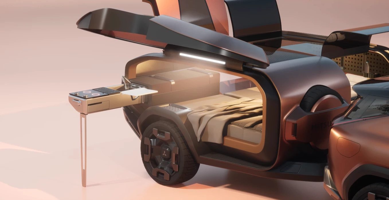 In spite of the traditional tailgate, the Elevance trailer kitchen slides out a full-size sidewall hatch, which also serves as the roof of the auxiliary tent