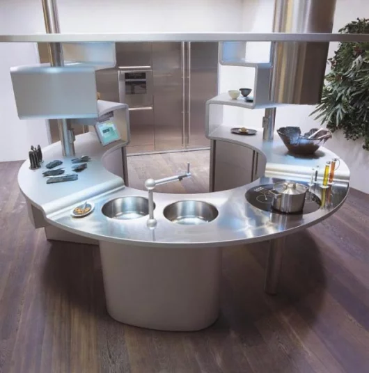 Acropolis I - Single block for hob and sink made from stainless steel. The supporting structure is made of sandwiched aluminum.