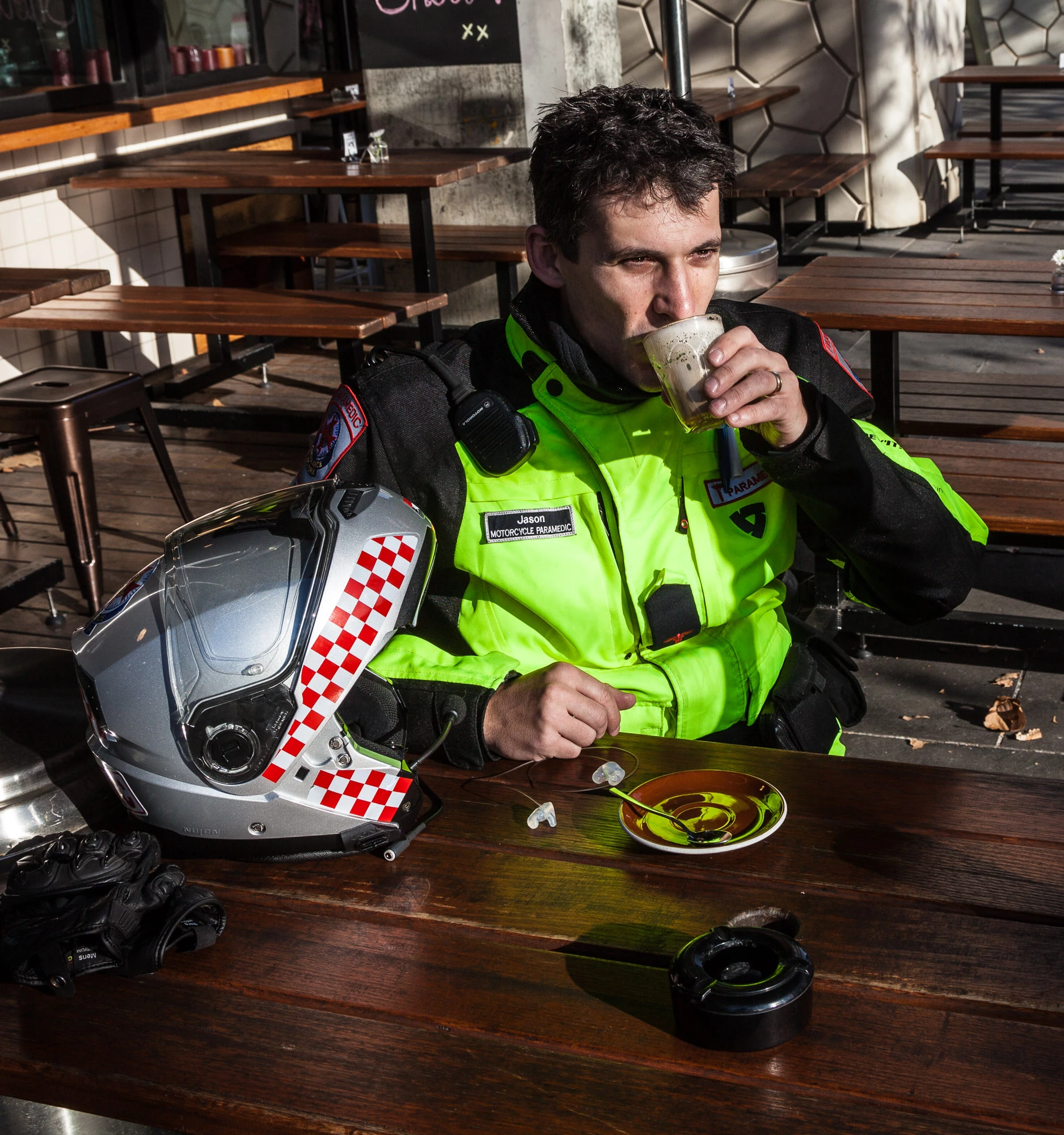 "Ah, some down time! Paramedics love a chance to get caffeinated. We do very long shifts, between 11 and 14 hours. We do see some crazy things. Everywhere we go, somebody's having one of the worst days of their life. Stopping to have a coffee is a good time to just soak up a bit of normality. I'd like to think people don't see us having a coffee and think we're slacking off - this is perhaps the only bit of non-emergency time we have in our day. I hate getting take-aways, too. I much prefer to drink out of a glass - sitting down with something non-disposable is my strange little way of trying to relax - even if a job might happen and I might have to leave it there."
