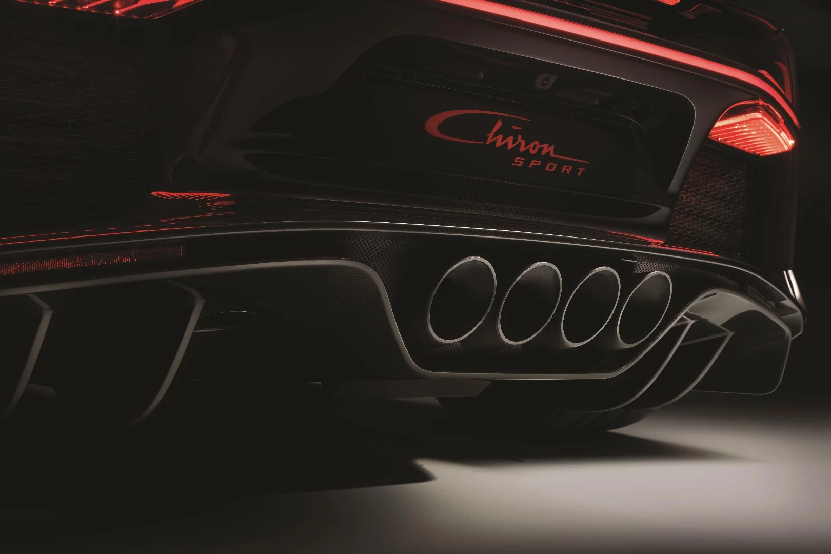 The quad exhaust tips are surrounded by a new, lighter-weight diffuser on the Bugatti Chiron Sport
