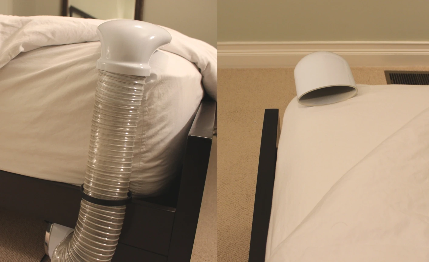 A receptacle inserted under the mattress holds the hose in place, while a flattened angled nozzle directs the air stream