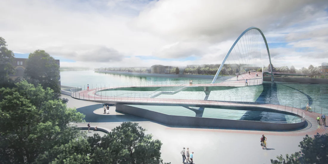 A design with elongated entry paths to provide low profile access slopes (Image: NEP Bridge Competition)