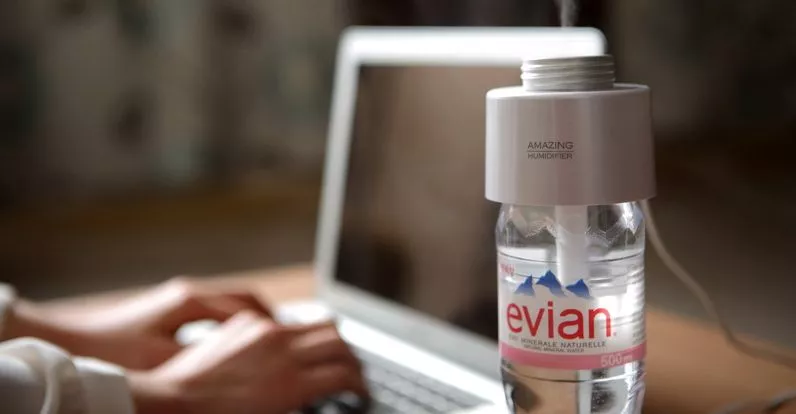 The Amazing Humidifier is a travel-sized device that creates water vapor from a store-bought bottle of water