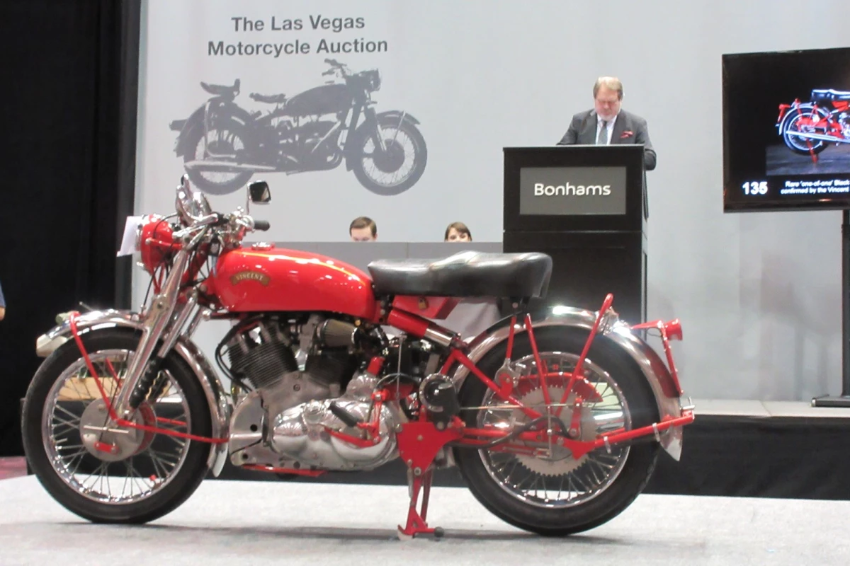 Vincent Black Shadows are the most prominent single model in the top 250, but the most valuable Vincent Shadow is the White Shadow as only 15 were ever built, and at the same Bonhams auction at Bally's Hotel & Casino held one year ago (January 2015), a 1950 Vincent Series C "White" Shadow sold for $224,250, setting a world record for the model. Having just sold for $434,000, the bike pictured above is now the new record holder for the model, and the marque, surpassing the previous most expensive Vincent to have sold at auction, a 1939 Vincent Series A Rapide which fetched $418,940 (£275,900) in April, 2015.