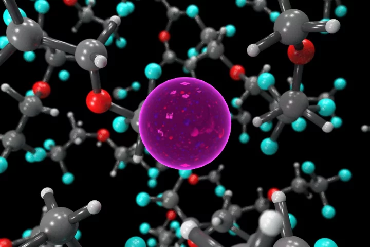 A fluoride ion (pink) floating in a liquid BTFE electrolyte