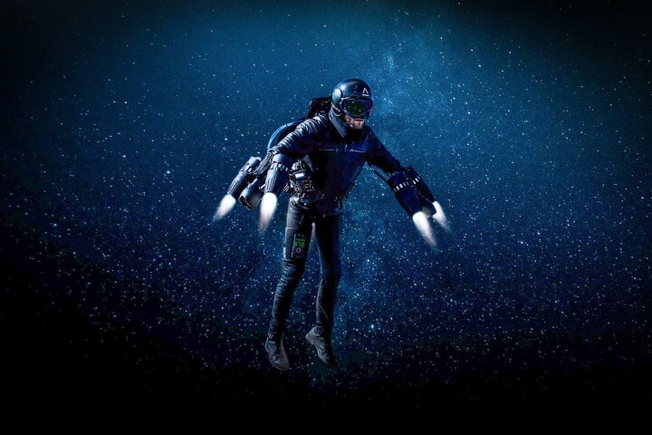 Richard Browning flies the Gravity Jet Suit against a starry sky in this clearly photoshopped image