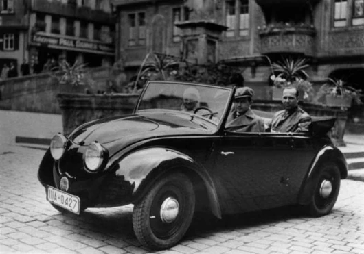 Ferry Porsche at the wheel of the second Volkswagen prototype (V2) in 1935