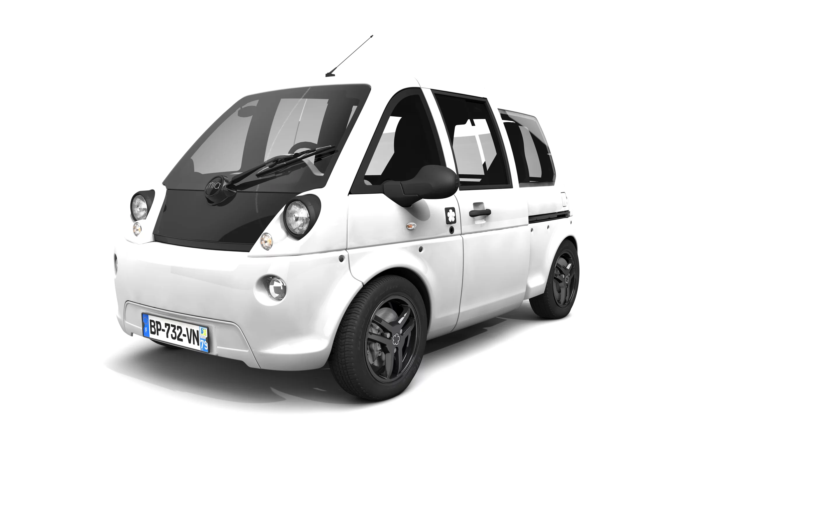 The creamy-white mia electric vehicle with black rims and white bumper inserts