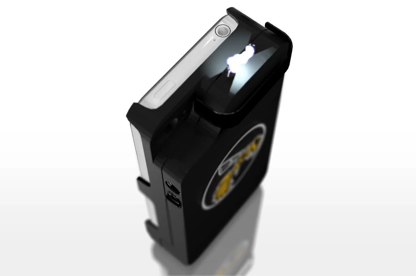 The business end of the Yellow Jacket iPhone case/stun gun combo